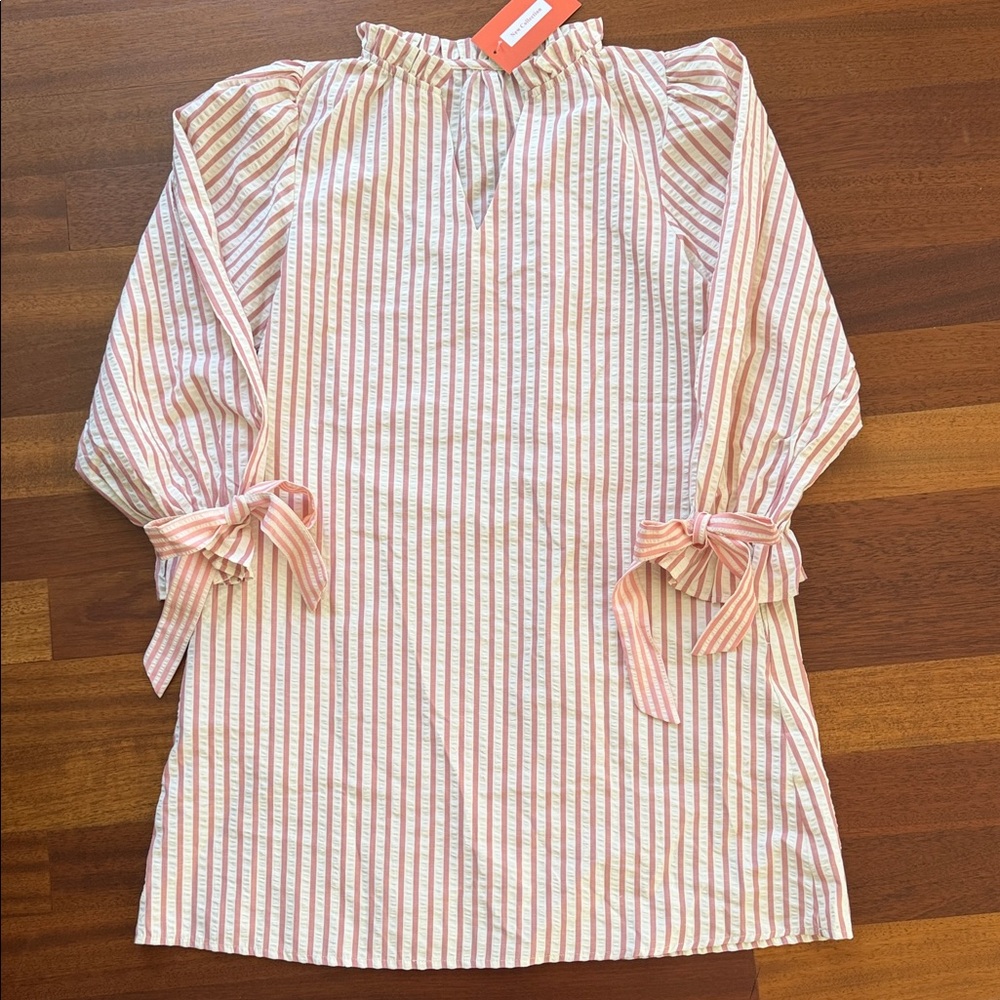 Pink Striped Mini Dress with Tie Cuffs